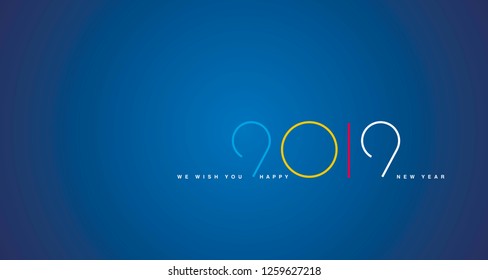 We wish you Happy New Year 2019 simple line colorful typography blue background