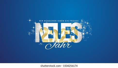 We wish you a Happy New Year German language 2020 inside firework gold white blue abstract background
