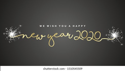 We wish you Happy New Year 2020 handwritten text tipography sparkle firework gold white black background