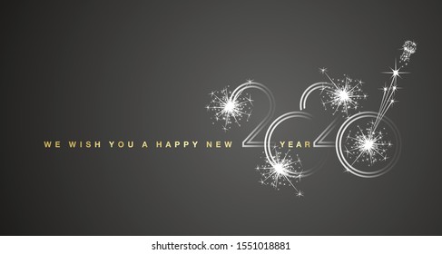 We wish You a Happy New Year 2020 shining line design with sparkle firework gold silver white black background