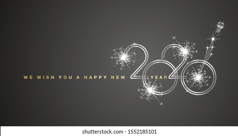 We wish You a Happy New Year 2020 circle line design with sparkle firework gold silver white black background