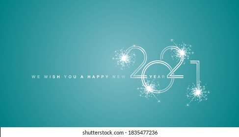 We Wish You A Happy New Year 2021 Double Line Design With Sparkle Firework White Trendy Sea Green Background