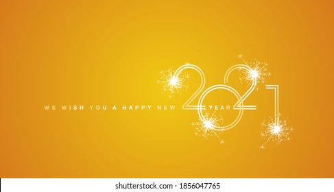 We wish You a Happy New Year 2021 double line design with sparkle firework white trendy orange yellow background