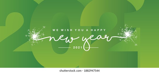 We Wish You Happy New Year 2021 Line Designed Handwritten Lettering White Green Background With Sparkle Firework