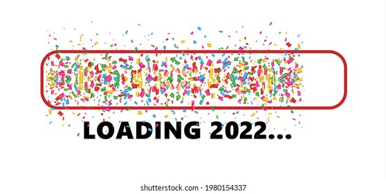 Le deseamos un Feliz Año Nuevo, 2021 cargando bar con confeti. Mejor eslogan o cita de vector plano. Tarjeta de felicitación de Navidad y Año Nuevo. Año Nuevo a medianoche.