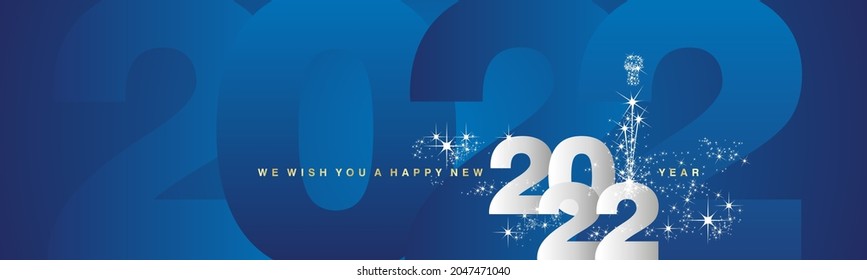 We wish you a Happy New Year 2022 new elegant style shining sparkle firework modern gold white blue greeting card