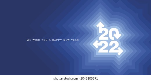 Le deseamos Feliz Año Nuevo 2022 tipografía blanca moderna 2022 flechas de éxito tarjeta de saludo de fondo azul resplandeciente abstracto