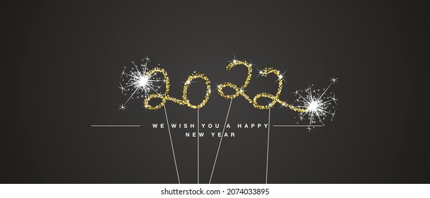 We wish you Happy New Year 2022 eve handwritten tipography golden glitter stars sparkler fireworks black background greeting card