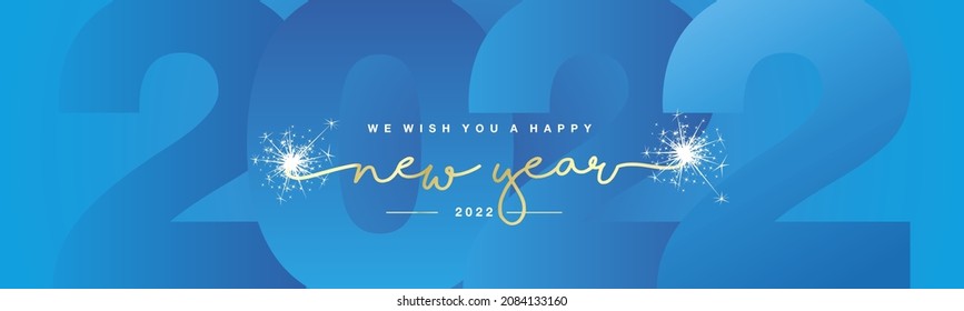 We Wish You Happy New Year 2022 Gold Handwritten Lettering Tipography Line Design White Sparkle Firework Light Blue Year 2022 Background