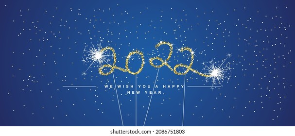 We wish you Happy New Year 2022 eve handwritten tipography golden white glitter stars sparkler fireworks black background greeting card