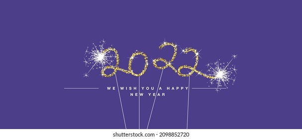 We wish you Happy New Year 2022 eve handwritten tipography golden white glitter stars sparkler fireworks purple background greeting card
