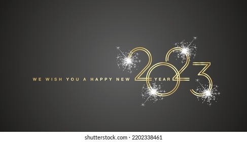 We wish You a Happy New Year 2023 gold double line design numbers with white sparkle firework black background greeting card