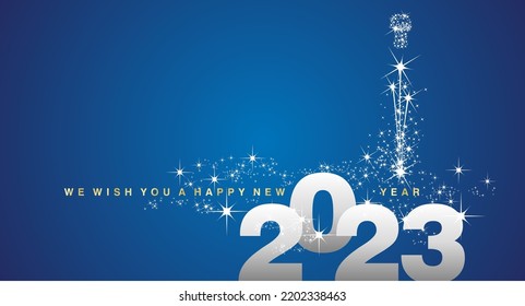 We wish you a Happy New Year 2023 shining firework gold white silver blue background greeting card