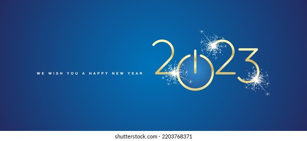 We wish you a Happy New Year 2023 golden shining rounded typography blue background banner with turn on start button