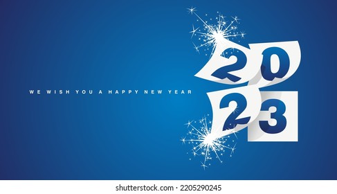 We wish you a Happy New Year 2023 greeting card design template on blue background. New Year 2023 start concept. Calendar new year begins