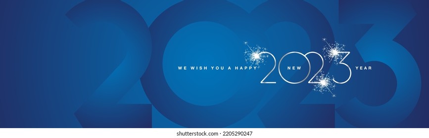 We wish You Happy New Year 2023 modern design silver shining light typography sparkle fireworks with 2023 shadow numbers blue banner