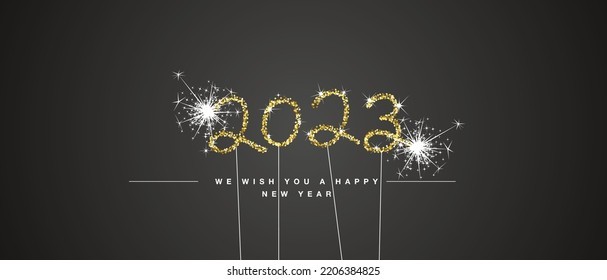 We wish you Happy New Year 2023 event hand drawn tipography golden glitter stars white sparkler fireworks black background greeting card