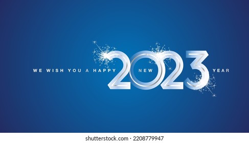 We wish You Happy New Year 2023 eve silver glass modern design numbers sparkle firework blue color greeting card