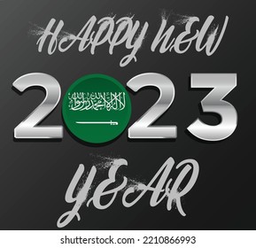 We wish you Happy New Year 2023 handwritten lettering with 3D Digits KSA flag design sparkle firework Silver color font 2023 with light black background,2023 Happy New Year logo text design.