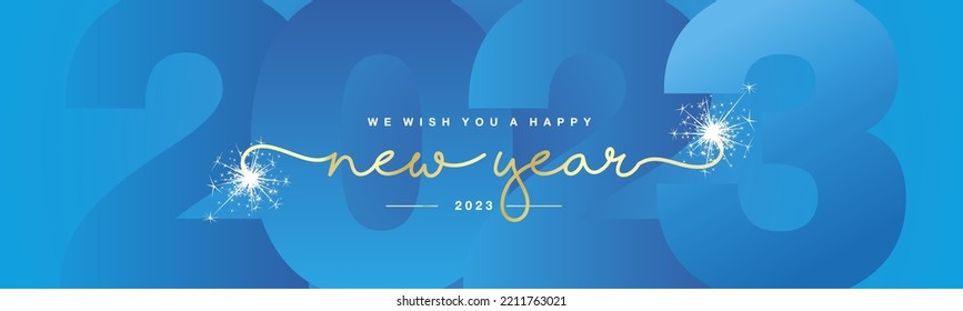 We wish you Happy New Year 2023 gold handwritten lettering tipography line design white sparkle firework light blue year 2023 background