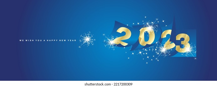 We wish you Happy New Year 2023 winter holiday golden greeting card design template on blue background. New Year 2023 with calendar sheets and sparkler firework