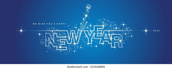 We wish you Happy New Year 2023 line design sparkler firework open champagne 2023 new year eve white blue vector wallpaper greeting card