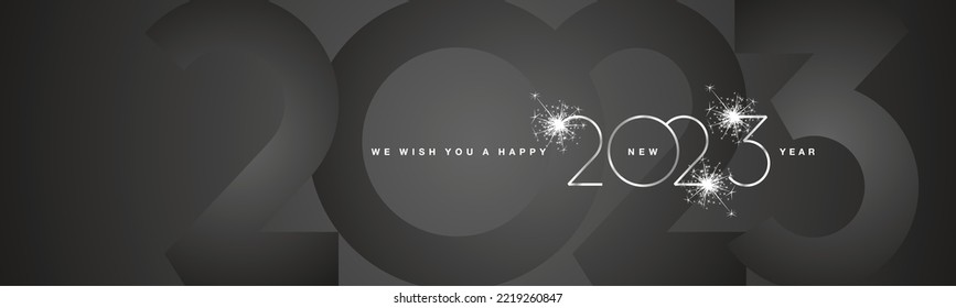 We wish You Happy New Year 2023 modern design silver shining light typography sparkle fireworks with 2023 shadow numbers black banner