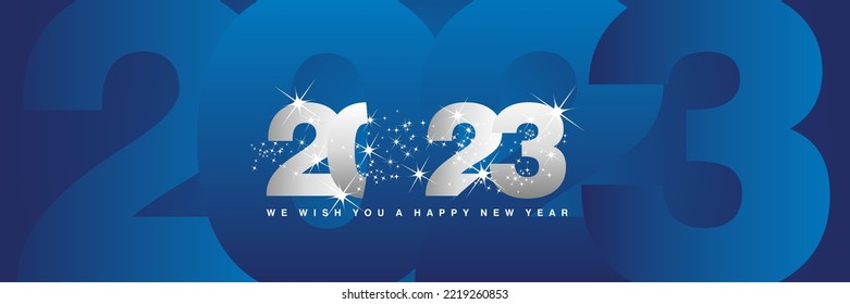 We wish you a Happy New Year 2023 shining sparkler firework silver white blue greeting card