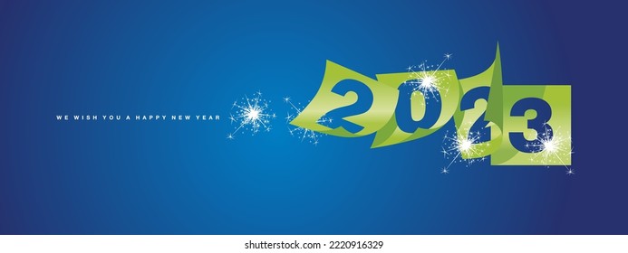 We wish you Happy New Year 2023 winter holiday greeting card design template on blue background. New Year 2023 with green cut out calendar sheet numbers and sparkler firework