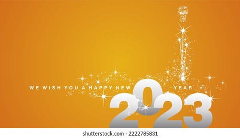 We wish you a Happy New Year 2023 shining firework white silver orange yellow background greeting card