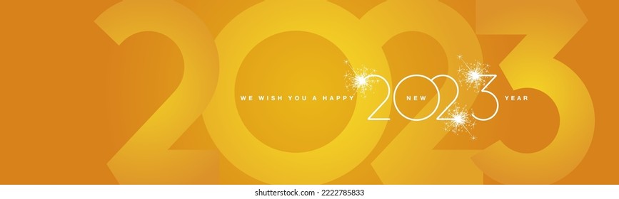 We wish You Happy New Year 2023 modern design white shining light typography sparkle fireworks with 2023 shadow numbers orange yellow banner