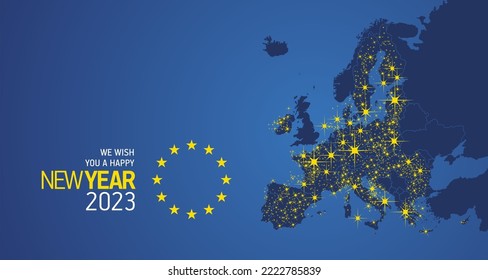 Le deseamos un Feliz Año Nuevo 2023 Europa estrellas amarillas bandera de la bandera navideña energía encendedor fuego sobre el mapa de la UE fondo azul