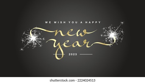 We wish you a Happy New Year 2023 unique modern ribbon calligraphic text with sparkler firework gold black color background