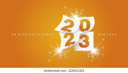 We wish you a Happy New Year 2023 greeting card design template with light sparkle firework on orange yellow background. New Year 2023 start concept