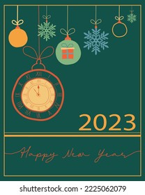 We wish you a Happy New Year 2023. The concept of a horizontal logo. The idea of a web banner. Abstract isolated graphic design template.