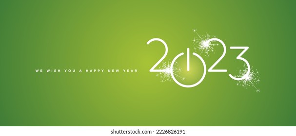 We wish you a Happy New Year 2023 white shining rounded typography lucky green background banner with turn on start button