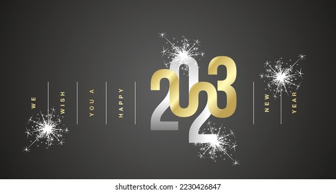 We wish you a Happy New Year 2023 new golden modern logo for 2023 design shining firework black template greeting card design