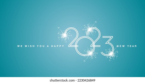 We wish You a Happy New Year 2023 white double line design numbers for 2023 with white sparkle firework sea green background greeting card