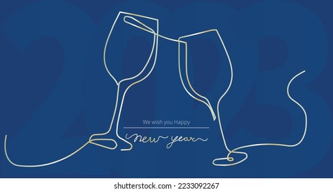 We wish you Happy New Year 2023 handwritten lettering typography glitter line design, champagne glasses drawing in line art style.