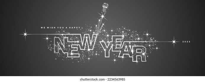 We wish you Happy New Year 2023 line design sparkler firework open champagne 2023 new year eve white black vector wallpaper greeting card