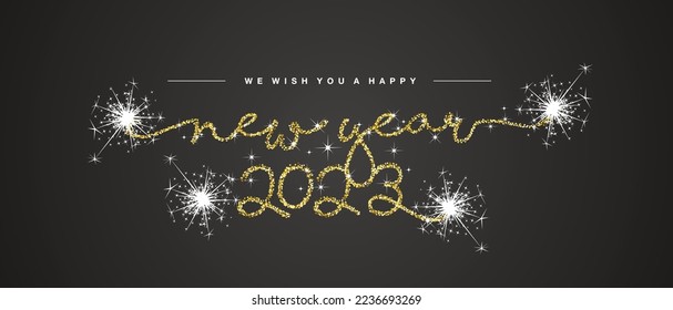 We wish you a Happy New 2023 Year handwritten lettering tipography line design golden glitter stardust sparkle firework black background banner vector