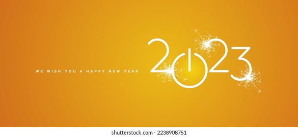 We wish you a Happy New Year 2023 white shining rounded typography orange yellow background banner with turn on start button