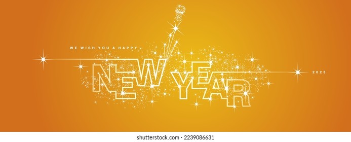 We wish you Happy New Year 2023 line design sparkler firework open champagne 2023 new year eve white orange yellow vector wallpaper greeting card