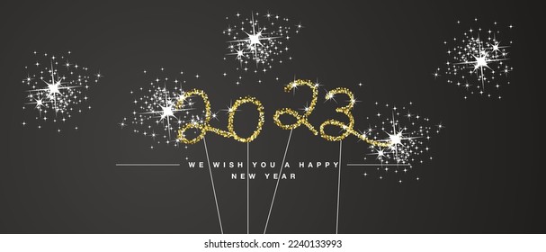 We wish you Happy New Year 2023 handwritten tipography golden glitter stars new year's eve sparkler firework black background greeting card