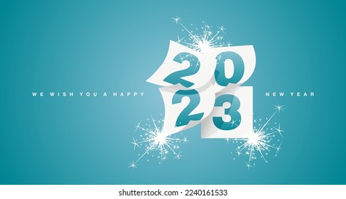 We wish you a Happy New Year 2023 greeting card design template with light sparkle firework on sea green blue background. New Year 2023 start concept