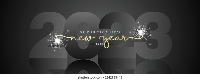 We wish you Happy New Year 2023, modern design, golden new updated handwritten lettering with black 2023 year mirrored shadow in background and sparkler firework