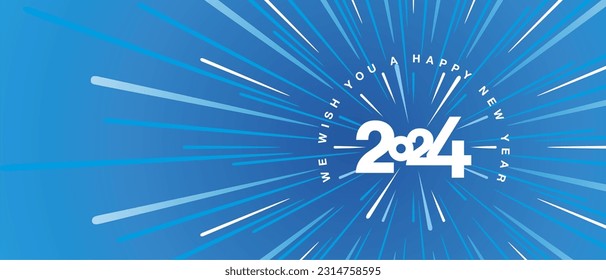 We wish you a Happy New Year 2024 high warp speed space white type typography with abstract tunnel or speedometer shape background greeting card