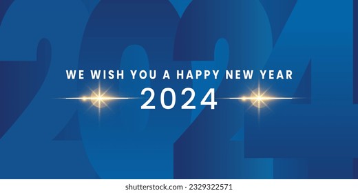 We wish you Happy New Year 2024 handwritten lettering tipography line design sparkle firework gold white blue year 2024 background.