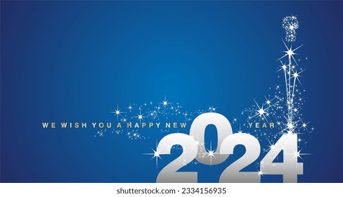 We wish you a Happy New Year 2024 shining firework gold white silver blue background greeting card