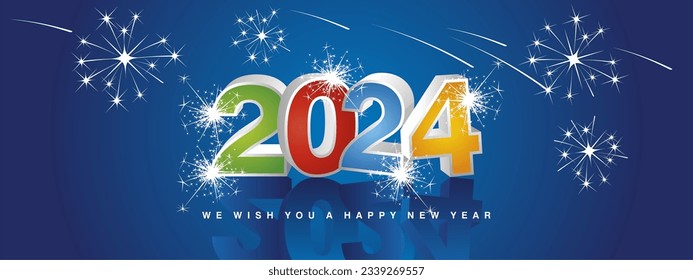 We wish you Happy New Year 2024. New modern 3d concept design. Colorful inside white silver 3D 2024 and mirrored shadows in blue background with stars sparkling fireworks